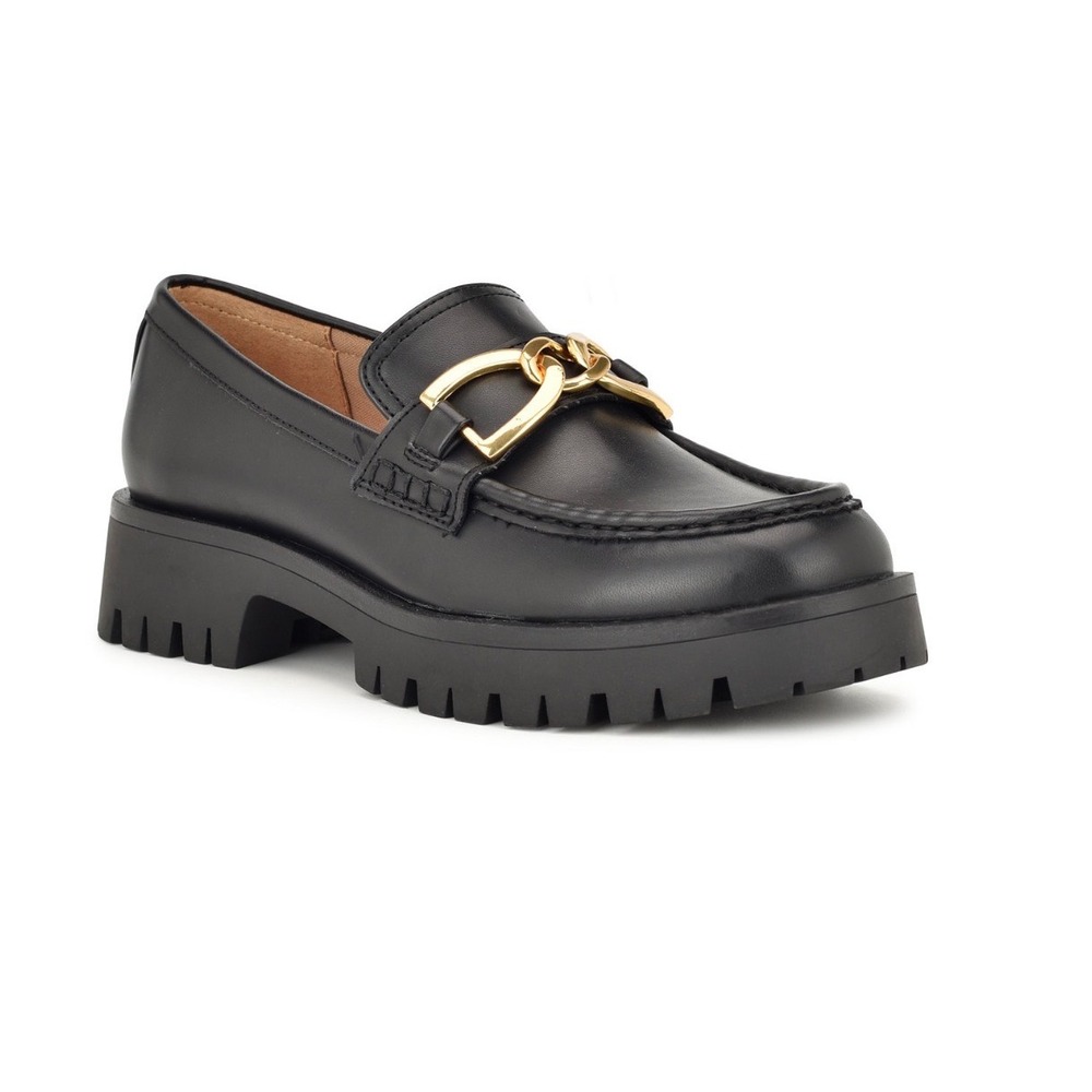 Nine West Womens Black Lug Sole Chain Link Loafers 8.5M Chunky Platform Shoe